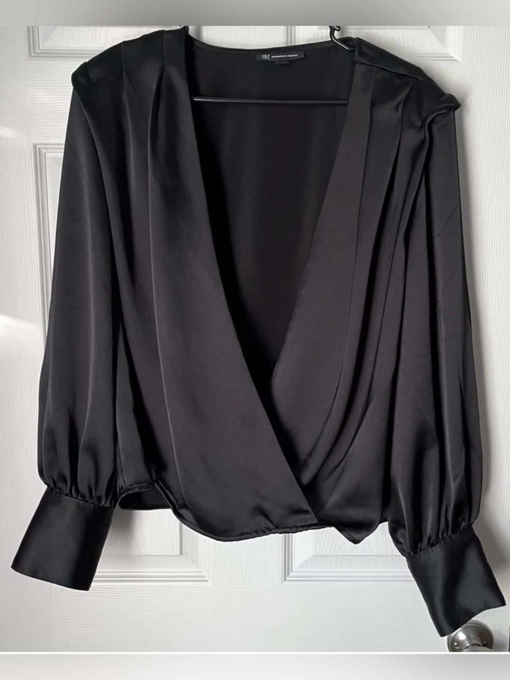 INC International Concepts Black Satin Wrap Deep V Neck Blouse